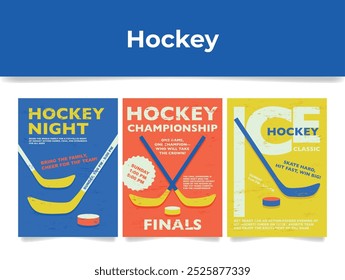 Vibrant banners inviting fans to attend and share the excitement of various hockey events with bold text and graphics.