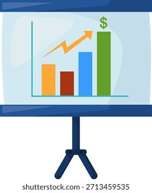 Un gráfico de barras vibrante con una flecha de tendencia ascendente y un signo de dólar, que simboliza el crecimiento financiero y el éxito, presentado en una pantalla de proyector blanca.