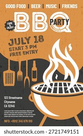 Vibrant barbecue gathering invitation featuring mouthwatering grill design, encouraging attendees to join in on seasonal celebration filled with delicious food and friendship. Vector illustration.