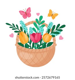 A vibrant basket overflowing with colorful flowers and butterflies, perfect for spring themes and celebrations