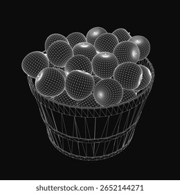 A vibrant basket overflowing with fresh oranges appears animated against a sleek black background. The rich orange hue of the fruit contrasts beautifully with the dark setting.