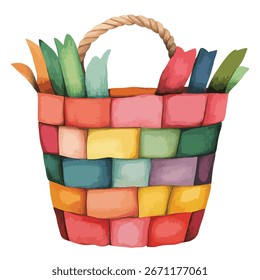 A vibrant basket with a woven pattern of colorful blocks and a twisted rope handle, filled with decorative paper strips in various hues.