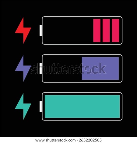 Vibrant battery charging status indicators showing low (red), medium (purple), and full (teal) charge with lightning bolt icons. Perfect for UI UX design.