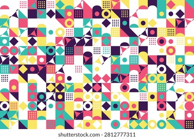 Vibrant bauhaus-inspired geometric mosaic pattern with circles, diamonds, and squares