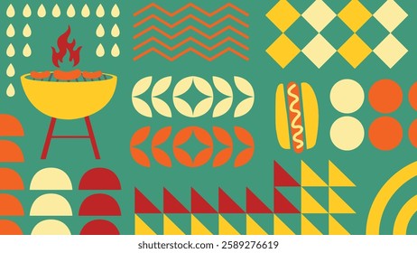 A vibrant BBQ themed seamless background with geometric elements, grill, sausages, and decorative shapes. Perfect for summer designs, food related projects, and retro inspired backgrounds.