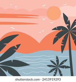 Vibrant beach background with silhouettes of palm trees, an ocean with small waves in white, a pastel yellow sun, pink mountains simulating the dawn, and the sky filled with flying birds