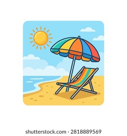 A vibrant beach chair and umbrella are set up on a sandy shore, inviting relaxation under the bright sun.