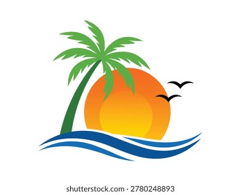 Vibrant beach landscape featuring palm tree silhouette at golden sunset over ocean waves with flying birds in horizon.