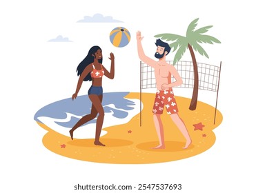 Una vibrante escena de playa con dos personas jugando al voleibol junto al océano con palmeras en el fondo. Ilustración vectorial