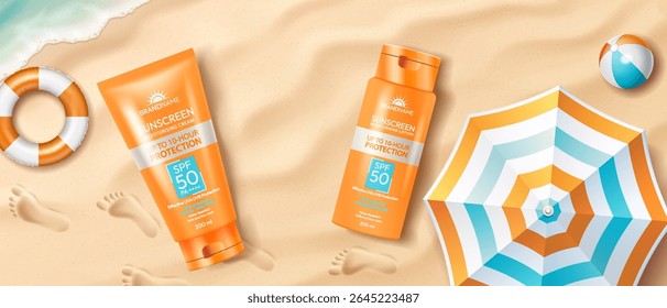 Uma cena de praia vibrante com garrafas de protetor solar destacadamente exibidas em tons laranja. Um guarda-chuva, uma bola e uma boia salva-vidas aumentam a vibração do verão. Pegadas no fundo arenoso sugerem atividade recente.