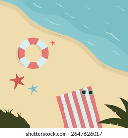 A vibrant beach scene with towel, starfish, and life preserver; perfect for summer vacation and travelrelated designs and content.