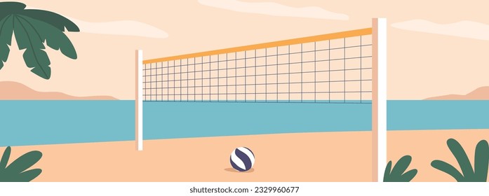 Lebhafte Strandlandschaft mit einem Volleyballnetz am Sandstrand mit Palmen und lädt die Spieler ein, sich in fröhliche Matches zu vergnügen