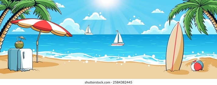 Vibrant beach setup with palm trees, surfboard in the sand, and sailboats gliding across sea under a bright sun. Summer bliss. Retro comics style vector