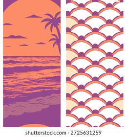 Pôr do sol de praia vibrante padrão de azulejo sem costura com tons laranja e roxo misturando sobre o conceito do oceano como laranja e tons roxos de um pôr do sol de praia vibrante misturar sobre o oceano neste padrão de azulejo de praia sem costura no conceito de stock de foto e espaço vazio no lado esquerdo, sem texto —ar 7:2 —azulejo