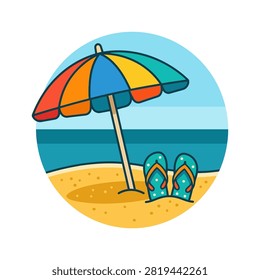 A vibrant beach umbrella stands on golden sand next to a pair of flip-flops, evoking a sense of summer vacation and relaxation.