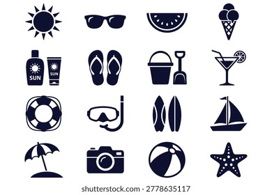 Vibrant beach vacation icons collection featuring sun glasses flippers shovel sailboat watermelon and tropical drinks on clean white background