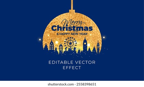 Vibrant beautiful Christmas Logo unit with Xmas carnival celebration banner background and decorated tree, city skyline. Christmas greeting card Concept.