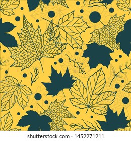 Vibrant Beautiful floral leaves seamless pattern, hand drawn maple leaves, creative line art background, great for fall seasonal fabric fashion prints, autumn banners, wallpapers vector surface design