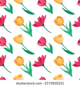 A Vibrant and Beautiful Floral Seamless Pattern Featuring Colorful Tulips and Green Leaves. Endless texture. Vector illustration.