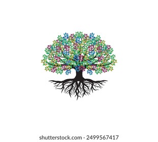 vibrant and beautiful tree  roots vector illustration with multicolor leaves