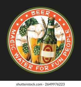Uma vibrante etiqueta de cerveja mostra copos espumosos e uma garrafa cercada de lúpulo. O design enfatiza o prazer e a diversão destacando a cerveja como uma bebida deliciosa para o relaxamento.