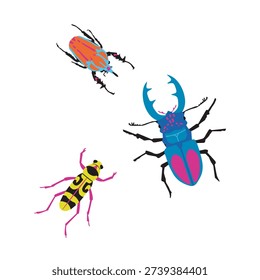 Vibrant beetle insect set. Tropical bug illustrations. Exotic nature elements. Colorful biology graphics. Trendy arthropod species. Hand drawn decorative wildlife for modern design.