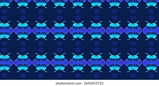Vibrant beetle pattern in neon, symmetry, insect, nature, mandala style over deep blue background. Ideal for digital wallpapers or wildlife-themed textile design.