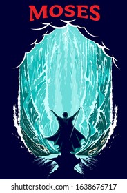 Vibrant biblical poster illustration featuring the silhouette of Moses with his staff before the parting Red Sea. The design includes dramatic turquoise waves and bold red "MOSES" and "Crossing the Red Sea" vintage-style typography on a dark navy background.