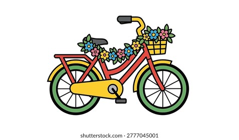 Vibrant bicycle with flower basket attached