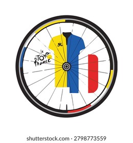 Vibrant bicycle wheel with cycling jerseys in France flag colors, Tour de France logo