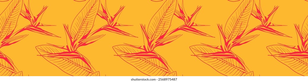 Vibrant bird of paradise flower line art pattern on a sunny yellow background.  Perfect for textile prints, website banners, or summer-themed designs.