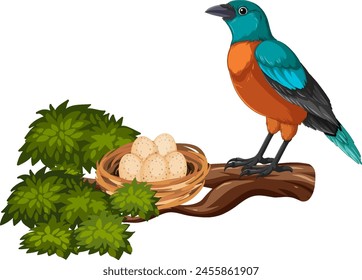 Vibrant bird perched beside eggs on a tree branch.