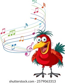 A vibrant bird singing with musical notes around