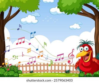 A vibrant bird sings amidst musical notes and trees