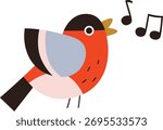 A vibrant bird sings with musical notes in a geometric art style. A colorful avian figure chirps melodiously with abstract shapes. Cartoon vector illustration.