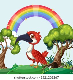 A vibrant bird stands beneath a rainbow