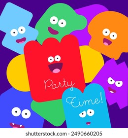 A vibrant birthday card featuring multiple colorful characters in whimsical shapes, exuding a playful and joyful vibe.