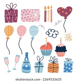 Vibrant Birthday Decor Set. Balloons, Candles, Cakes and Gifts with Champagne Glasses and Bottles In Dazzling Colors. Perfect For Adding A Festive Touch To Celebration. Cartoon Vector Illustration