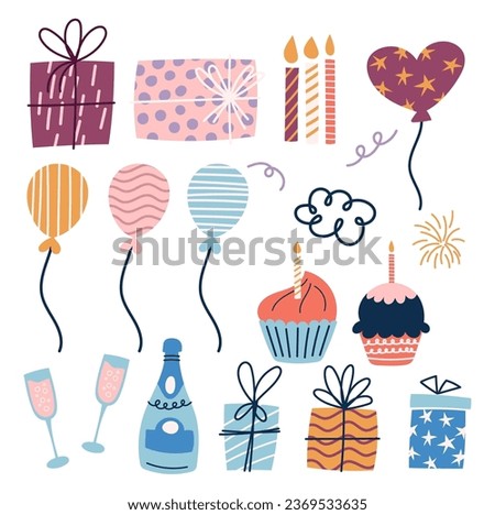 Vibrant Birthday Decor Set. Balloons, Candles, Cakes and Gifts with Champagne Glasses and Bottles In Dazzling Colors. Perfect For Adding A Festive Touch To Celebration. Cartoon Vector Illustration