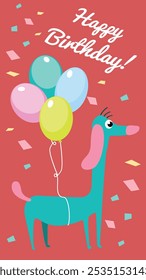 A vibrant birthday greeting card featuring a turquoise cartoon dog holding colorful balloons, set against a red background with scattered confetti elements.