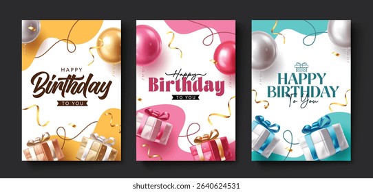 Vibrant Birthday Greeting Clipart Poster Set with Balloons, Confetti, and Ribbon-Wrapped Gifts in Three Unique Designs. Birthday Card Collection with 3D Balloons, Gift Boxes, and Swirling Ribbons.