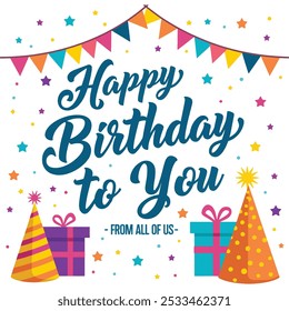 Fondo vibrante del Vector del saludo del cumpleaños con el texto colorido, las cajas de regalo, los Anuncios, y los sombreros del partido para invitar las tarjetas de la celebración.