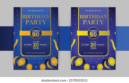 Vibrant birthday invitation design with playful fonts, balloons, and confetti, perfect for any celebration. Available in multiple formats for customization.