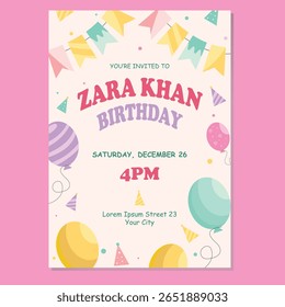 Convite vibrante de aniversário para Zara Khan - Projeto de cartão de festa festiva com detalhes do evento