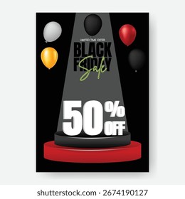 Vibrant Black Friday Flyer Template with Fashion Retail Sale Poster, Discount Promotion Brochure, Event Leaflet Vector Layout, Modern 3D Offer Text Effect, spotlight on podium stage Background Design