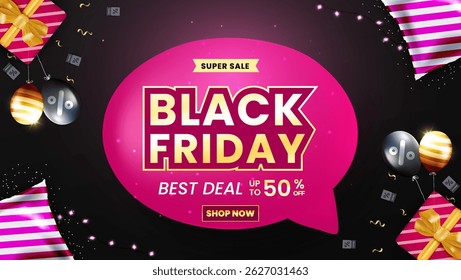 Vibrant Black Friday sales banner featuring bold typography, festive elements, and promotional messaging. Highlights discounts, designed to attract customers and enhance shopping enthusiasm.

