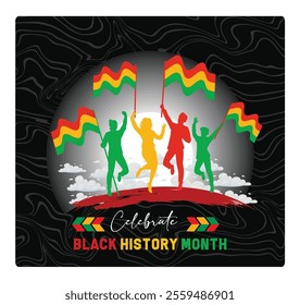 A vibrant Black History Month celebration with colorful silhouettes dancing and waving flags. Symbolizes the spirit of unity. Black History Month concept. Flat vector illustration.