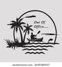vibrante silhueta preta ilustração de uma cena de praia tropical com uma palmeira, veleiro, golfinho, pássaros marinhos e ondas oceânicas, complementado pelo inspirador.