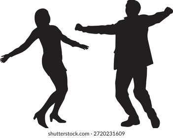 Las vibrantes siluetas negras capturan a un hombre y una mujer en un baile expresivo, con los brazos anchos y las rodillas dobladas, aislados en blanco.