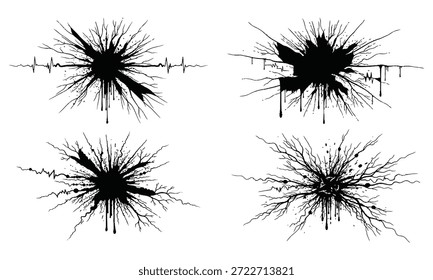 Efectos de salpicaduras negras vibrantes sobre un fondo blanco limpio, perfecto para agregar un toque dinámico a sus diseños